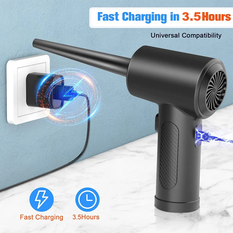 Cordless Air Duster, 5-in-1 High-Speed Blower for PC/Car/Home/Hair Cleaning with 3 Nozzles & 3000mAh Rechargeable Battery
