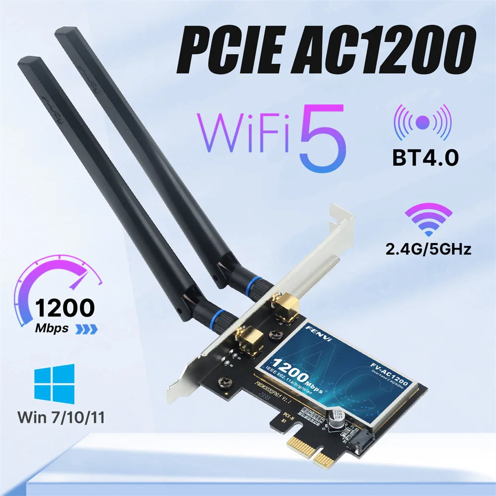 Fenvi WiFi5 AC1200 PCIE WiFi Adapter BT4.0 1200Mbps WiFi Card Dual Band 802.11ac Networking Upgrade for Win 7/10/11 Desktop PC