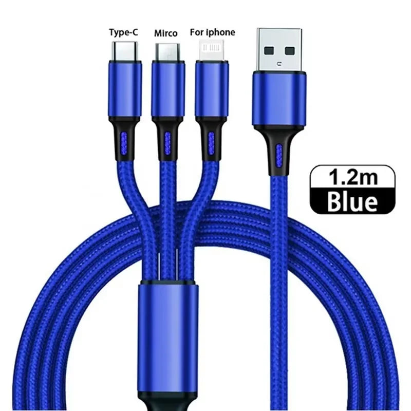 3 IN 1 USB Cable Micro USB Type C Charger Cable Multi 2A Usb Port Fast Charging Cord For Xiaomi iPhone 11 12 13 Pro Max Samsung