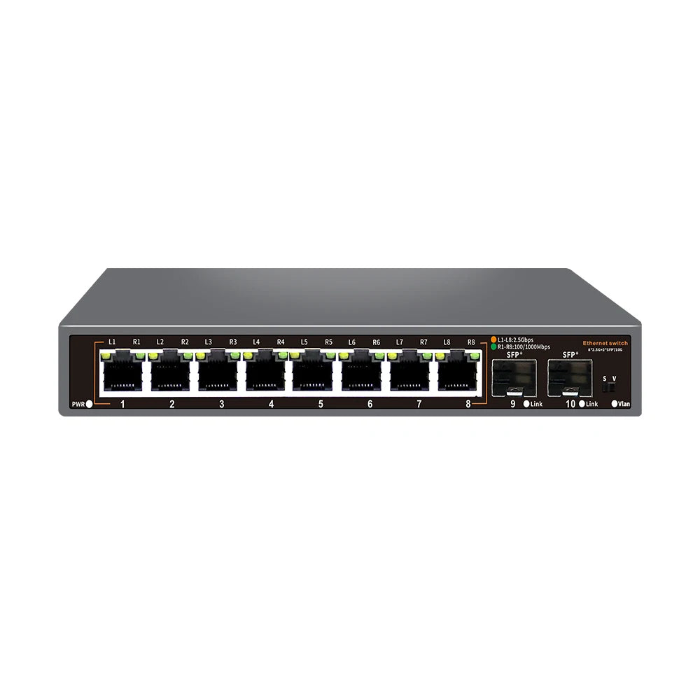 Bullscom 10-Port Network Switch | 8 x 2.5Gb Ethernet + 2 x 10Gb SFP+ | Unmanaged | Plug & Play | High-Speed Connectivity