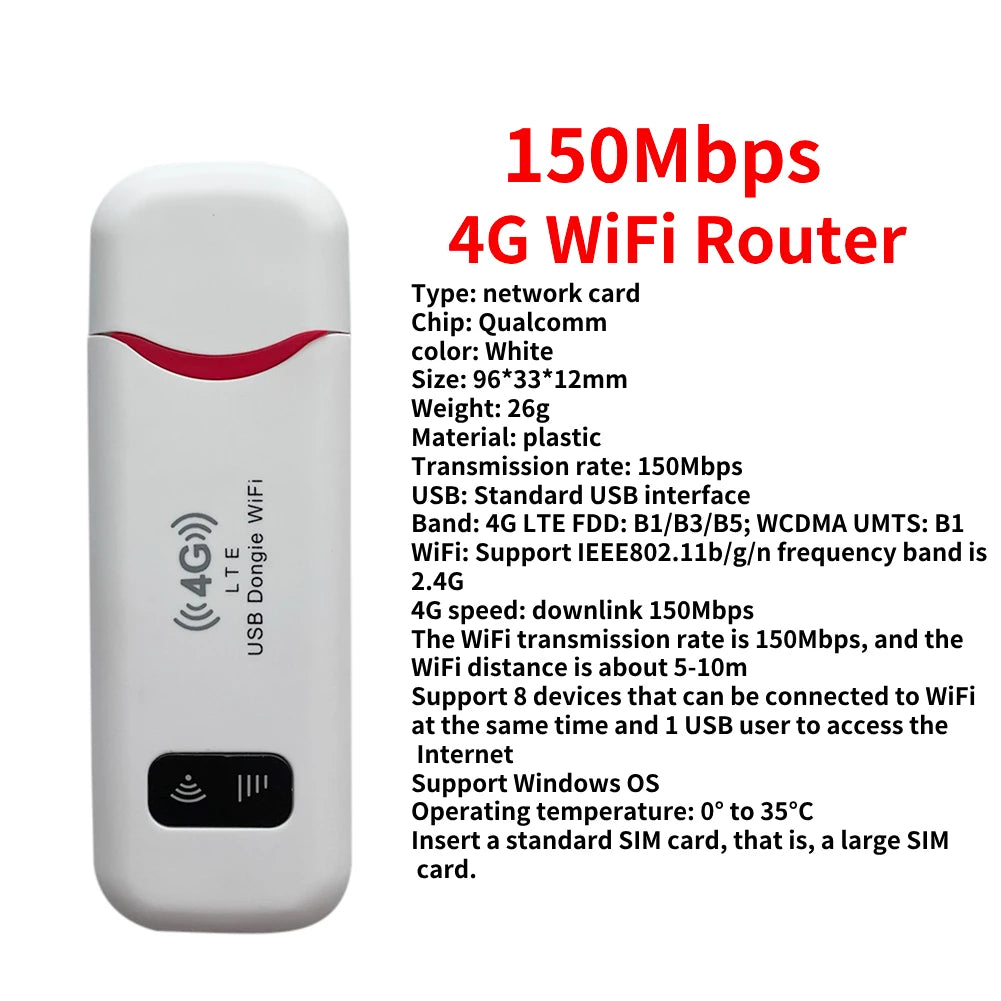 Portable 4G LTE Wireless WiFi Router 150Mbps USB Modem Dongle Mobile Broadband Hotspot with SIM Card Slot for Home Office