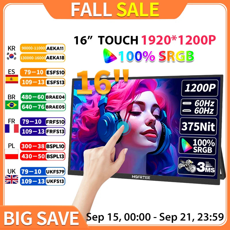 HGFRTEE 16inch Touch Portable Monitor 16:10 96%sRGB 350Cd/m² Second Screen For Laptop With Holder Stand Type-C HDMI-Compatible