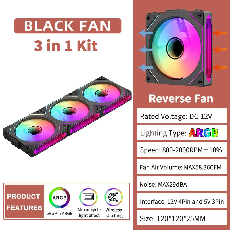 COOLCIRC PC Case Fan 120mm ARGB  Mirror Cycle Light Effect CPU Cooler Fan 4PIN PWM 58.36CFM Fan for Computer Water Cooler