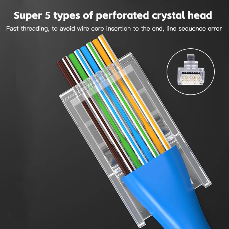 50PCs Cat6 Connector RJ45 Connector Network Unshielded RJ45 Perforated Crystal Head Network Cable