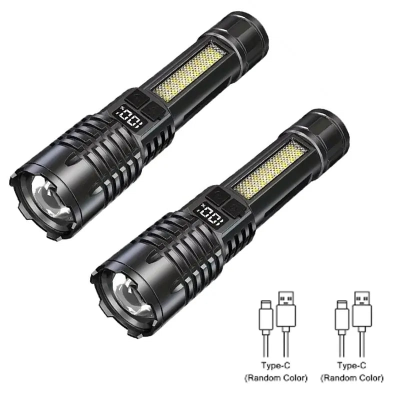 Heinast High Power LED Flashlight Powerful TYPE-C Rechargeable COB Flashlight With Side Light Torch For Outdoor Camping Hiking