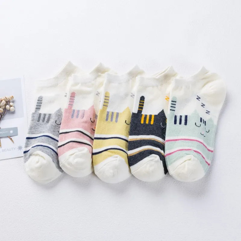 5 Pairs Women Cute Cat Socks Short Ankle Socks Cartoon Animal Kitten Korean Fashion Girls Kawaii Casual Socks Calcetines Mujer