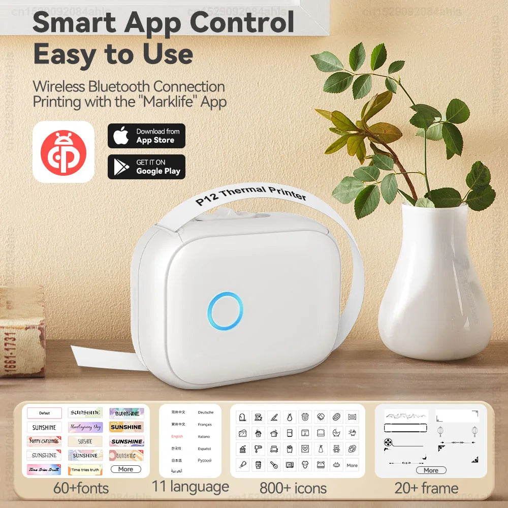 Portable Mini Printer Marklife P12 Thermal Printer Adhesive Sticker Labeling Machine P12 Label Maker or 1PK Continues Label Tape