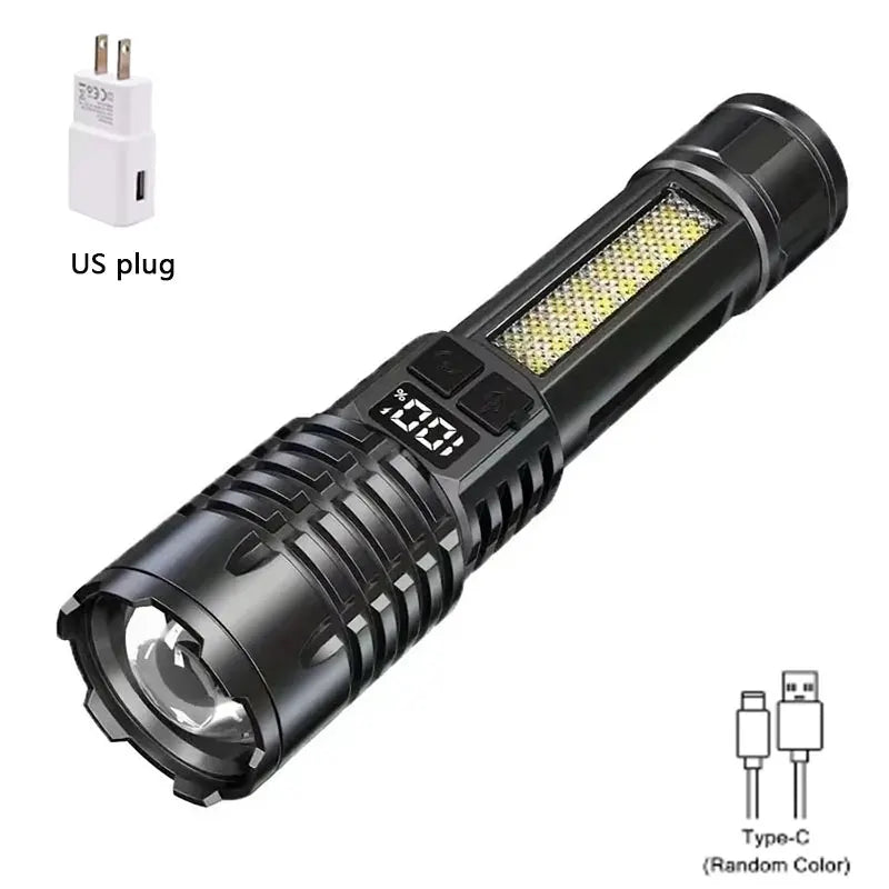 Heinast High Power LED Flashlight Powerful TYPE-C Rechargeable COB Flashlight With Side Light Torch For Outdoor Camping Hiking