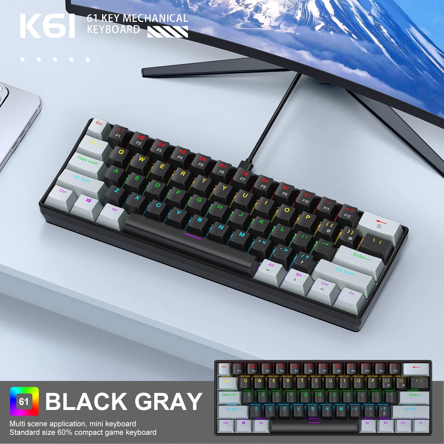Mini Keyboard APAYADO K61 Mechanical Keyboard Wired,60% Portable 61 Keys RGB Black,White, Red/Blue Switch for Gaming