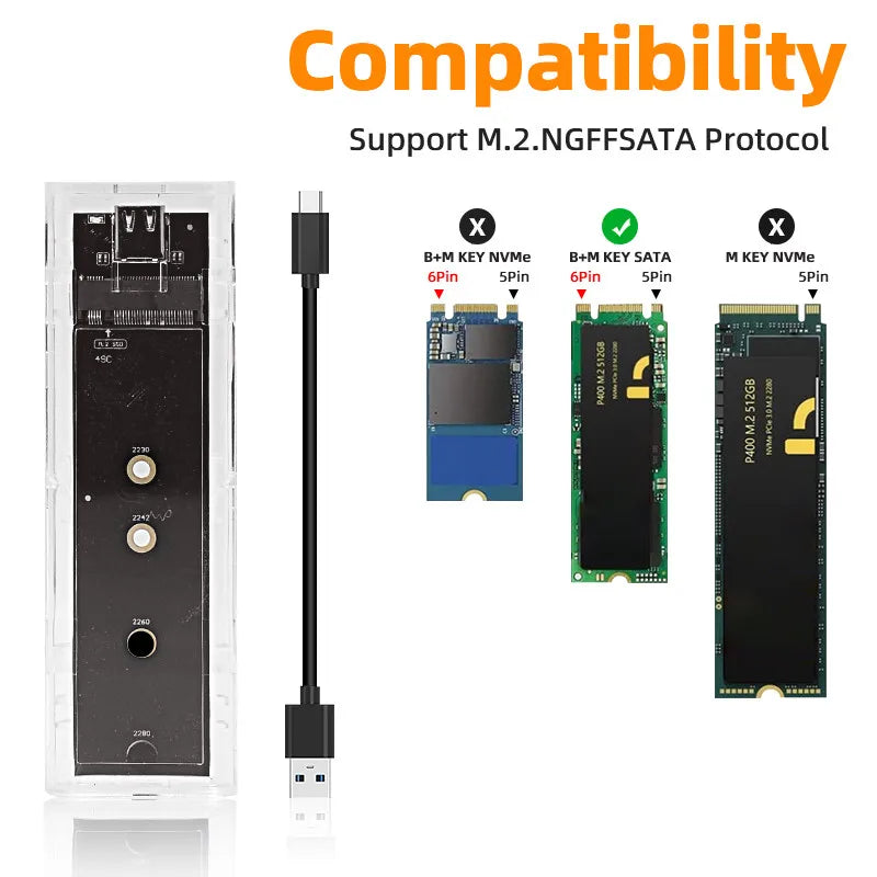 M.2 NVME PCIe NGFF SATA Dual Protocol SSD Case Clear USB Type C 10Gbps PCI-E M2 SSD Transparent External Enclosure Hard Disk Box