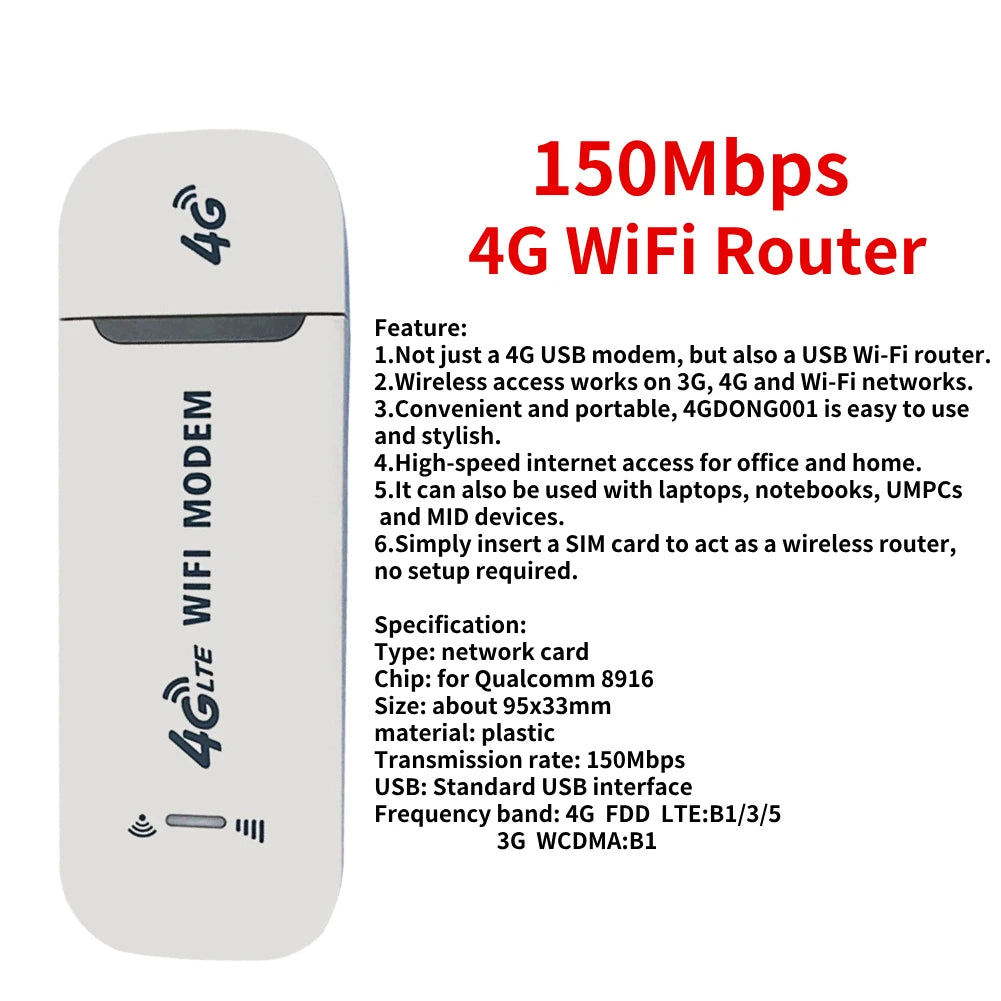 Portable 4G LTE Wireless WiFi Router 150Mbps USB Modem Dongle Mobile Broadband Hotspot with SIM Card Slot for Home Office