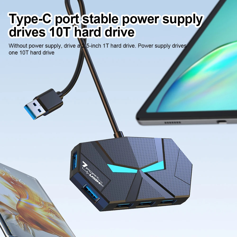7 Ports USB 3.0 HUB USB Docking Station USB Splitter Adapter 5Gbps High Speed Transmission PD Power Supply For Laptop Computer