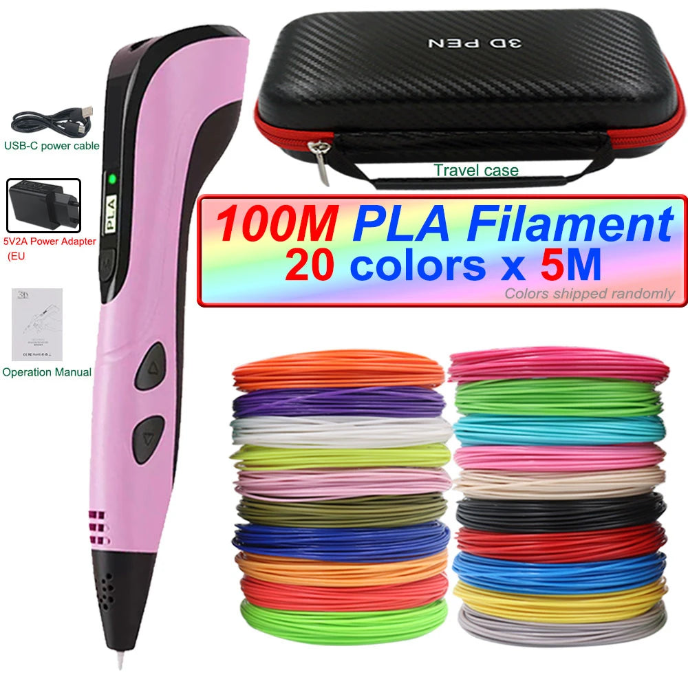 2025 3D Pen Set for Children 3D Printing Pen with LED Screen 100M PLA Power Adapter Travel Box Christmas Birthday Gift for Kids