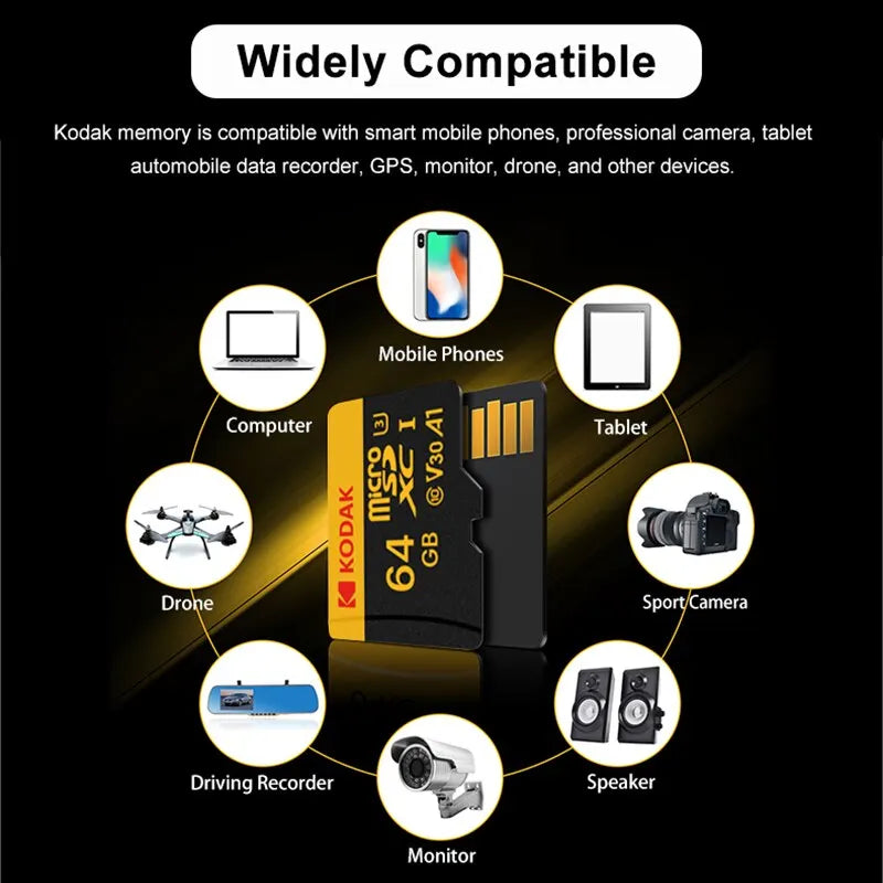 KODAK Micro SD 512GB 256GB Memory Card UP TO 100MB/s C10 U3 32GB 64GB 128GB TF Card 4K HD For USB Card Reader Adapter Microsd