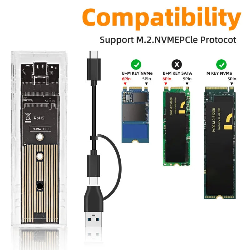 M.2 NVME PCIe NGFF SATA Dual Protocol SSD Case Clear USB Type C 10Gbps PCI-E M2 SSD Transparent External Enclosure Hard Disk Box