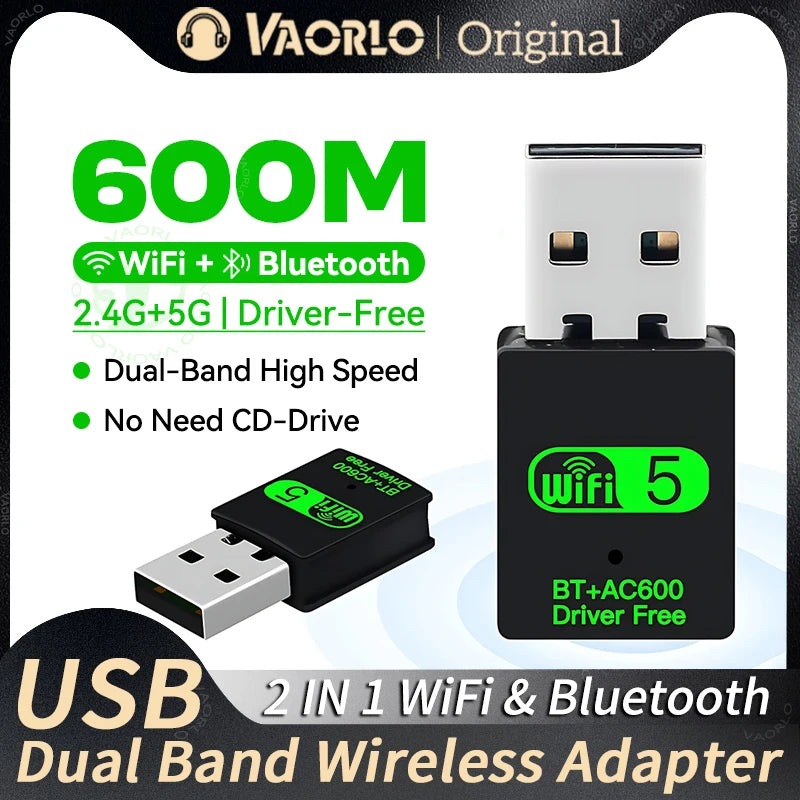 2 IN 1 USB WiFi Bluetooth Adapter 600Mbps 2.4G/5GHz Dual Band Wi-Fi 5 Dongle High-Speed Wireless Network Card Receiver Laptop PC