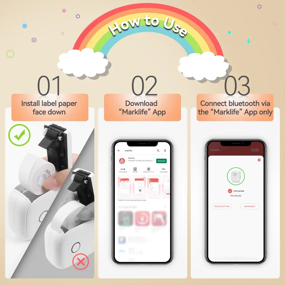 Marklife P12 Portable Mini Printer Auto Cut Labeling Machine Wireless Bluetooth Label Maker Similar As D11 D110 D101 Home/Office