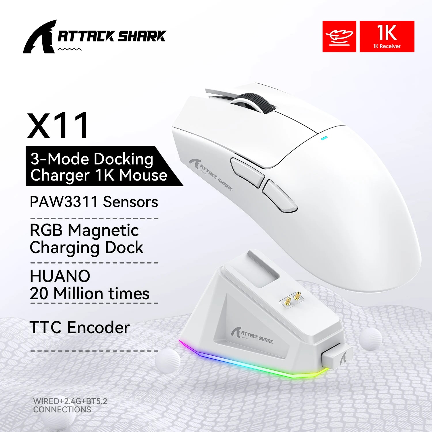 Attack Shark X11 PAW3311 Wireless Bluetooth Mouse,  2.4G 400IPS RGB  PC Gaming Mouse