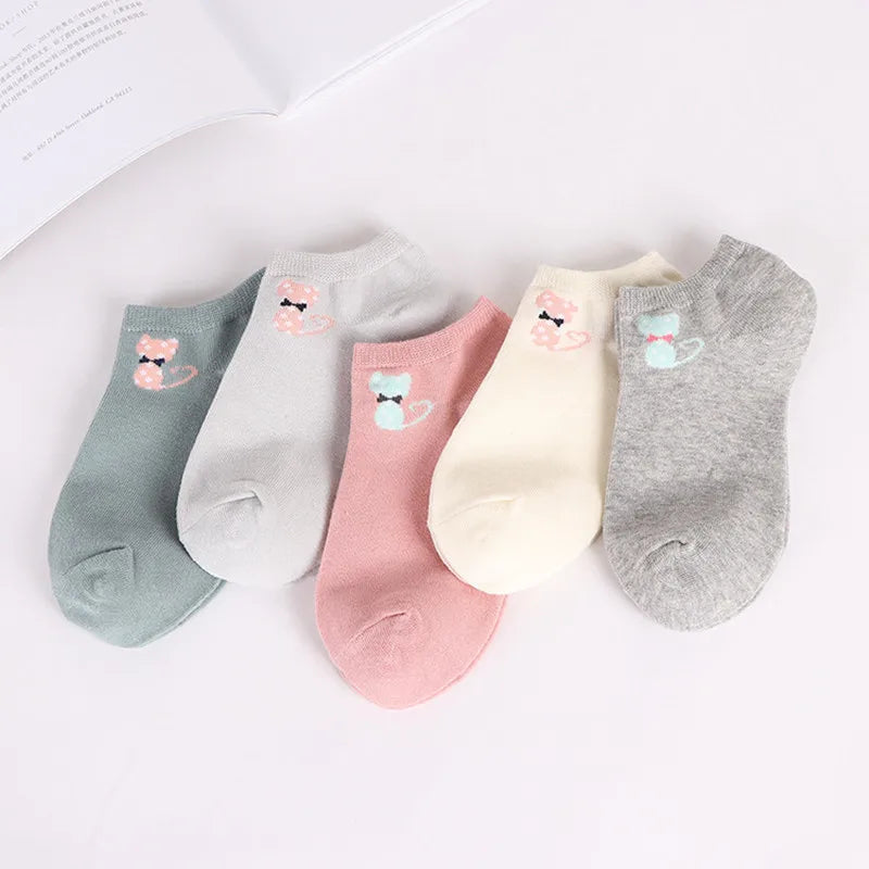 5 Pairs Women Cute Cat Socks Short Ankle Socks Cartoon Animal Kitten Korean Fashion Girls Kawaii Casual Socks Calcetines Mujer