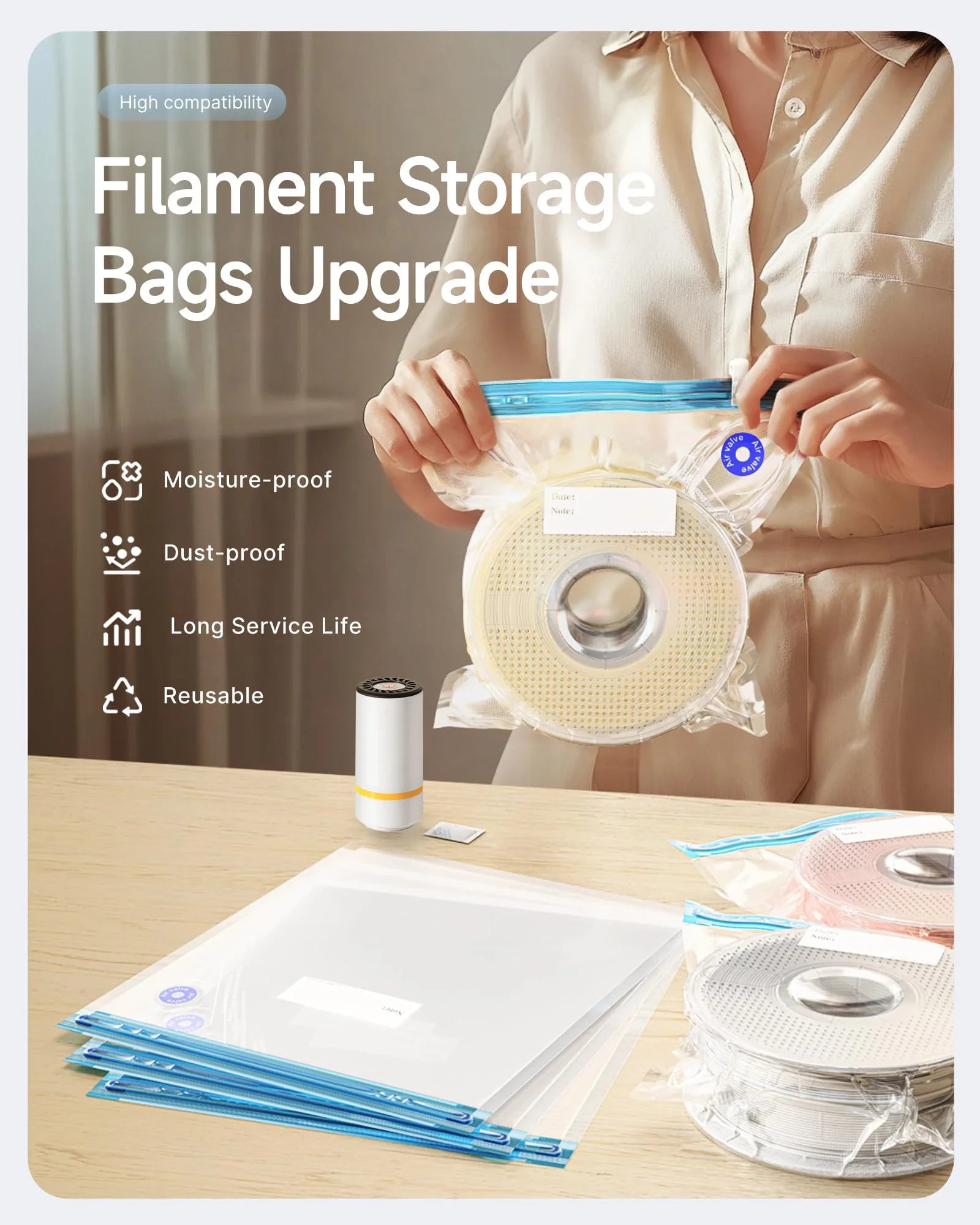3D Printer Filament Vacuum Bag with USB Rechargeable Electric Air Pump, Vacuum Sealing for PLA ABS PETG Filament Storage