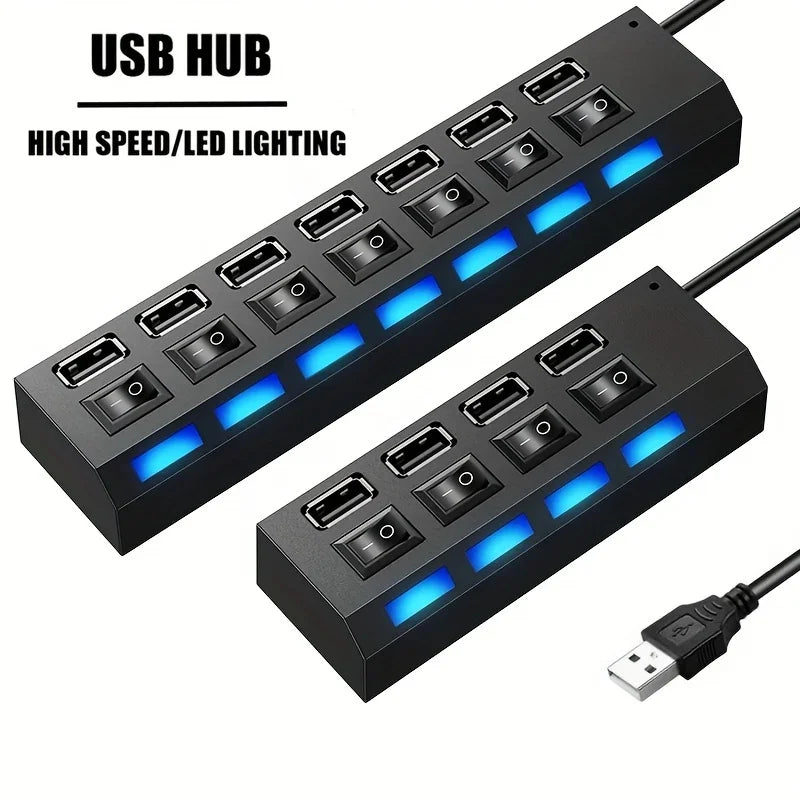 7 Port with LED Light USB 2.0 Adapter Hub with Independent Power on Off for Computers Tablets Laptops Supports Data Transmission