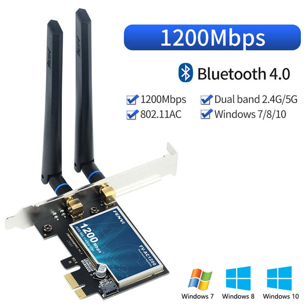 Fenvi WiFi5 AC1200 PCIE WiFi Adapter BT4.0 1200Mbps WiFi Card Dual Band 802.11ac Networking Upgrade for Win 7/10/11 Desktop PC
