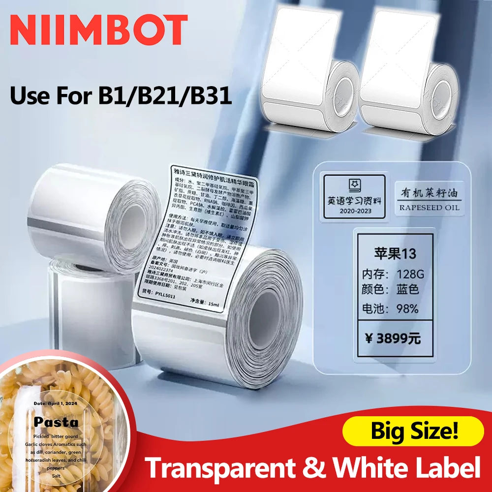 Original Niimbot B21/B1/B3S/B31 White Transparent Label Sticker Big Size Self-adhesive Waterproof Price Tag Thermal Paper