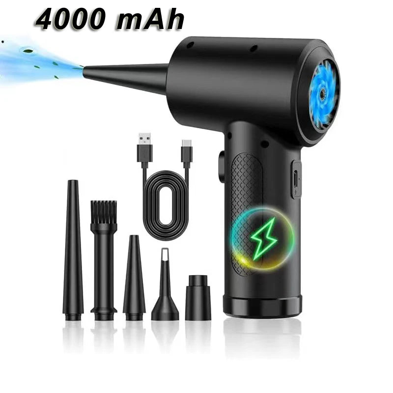 Cordless Air Duster, 5-in-1 High-Speed Blower for PC/Car/Home/Hair Cleaning with 3 Nozzles & 3000mAh Rechargeable Battery