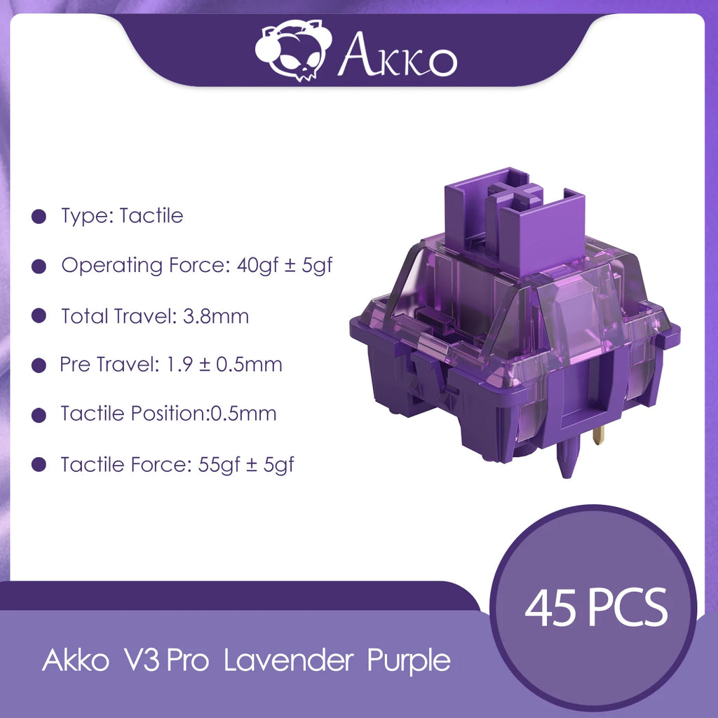 Akko V3 Pro Lavender Purple Switches 5 Pin 40gf Tactile Switch With Stable Dustproof Stem For Mx Mechanical Keyboard (45 pcs)