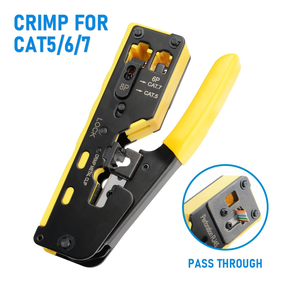 Rj45 Rj12 Rj11 Pass Through Crimp Plier Cat7 Cat6 Cat6A Cat5 Cat5e Stripping Crimping Tool with 8P/6P Ethernet Connectors