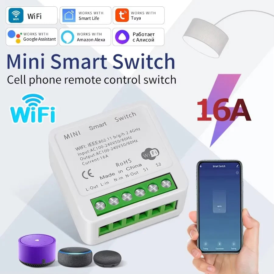 16A Tuya WiFi Smart Switch 2-way Control Mini Smart Breaker  Timer Relay Work With Smart Life Alexa Google Home Alice