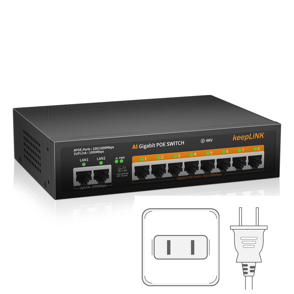 KeepLiNK 10-Port Gigabit Switch with 8-PoE and 2-RJ45 for Uplink Unmanaged Plug and Play