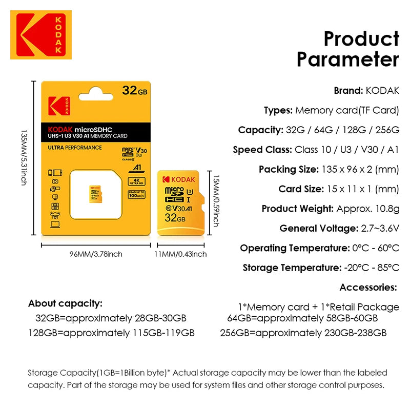 KODAK Micro SD Memory Card 128GB 100MB/s Class 10 U3 UHS-I 64GB Mini TF SD Card 4K HD for smartphones, dash recorders, drones,