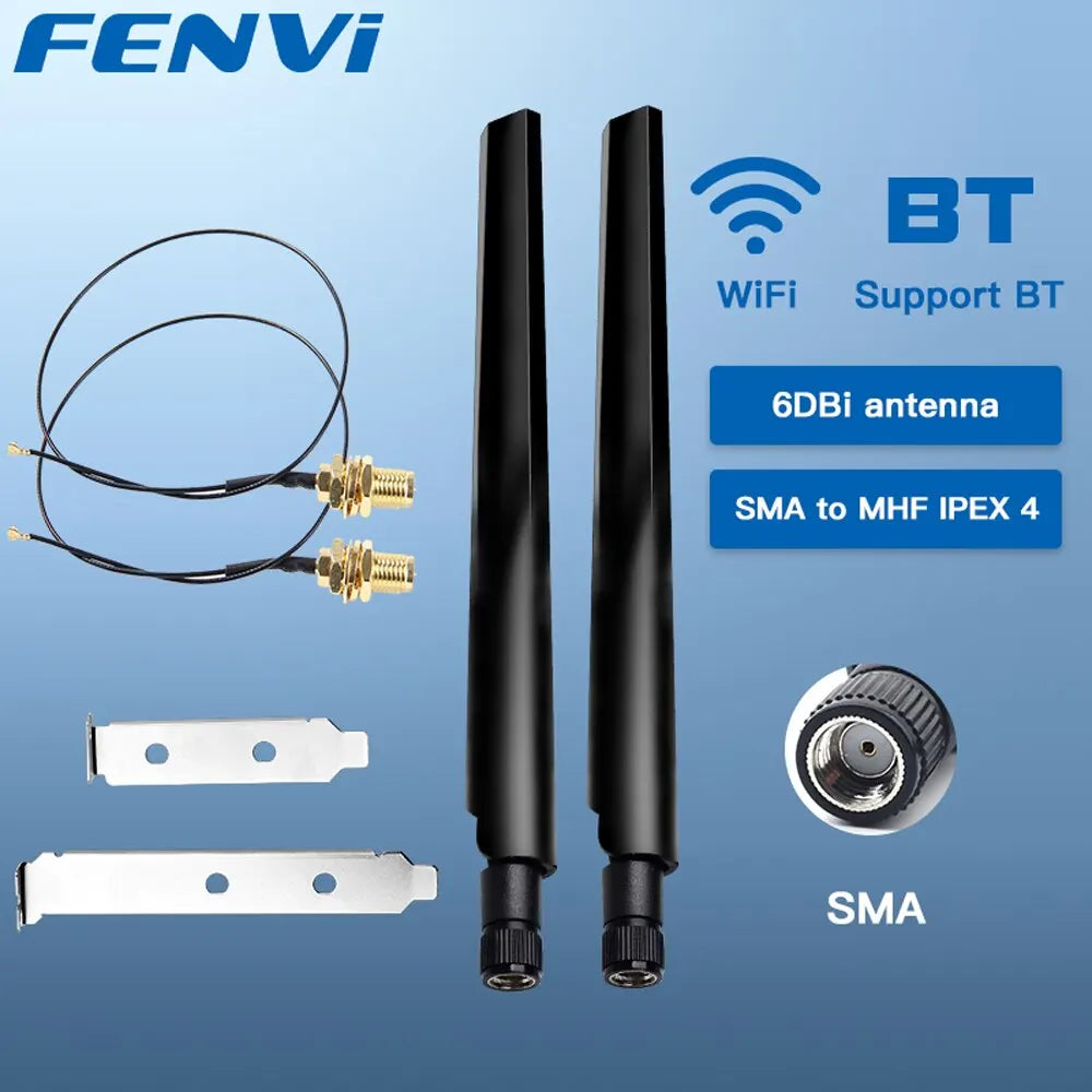 FENVI 2PcsX6Dbi Antenna Set AX210 NGFF M.2 WiFi Card 2.4/5GHz Dual Band MHF4 Extension Cable To WiFi RP-SMA For AX210/AX200/9260
