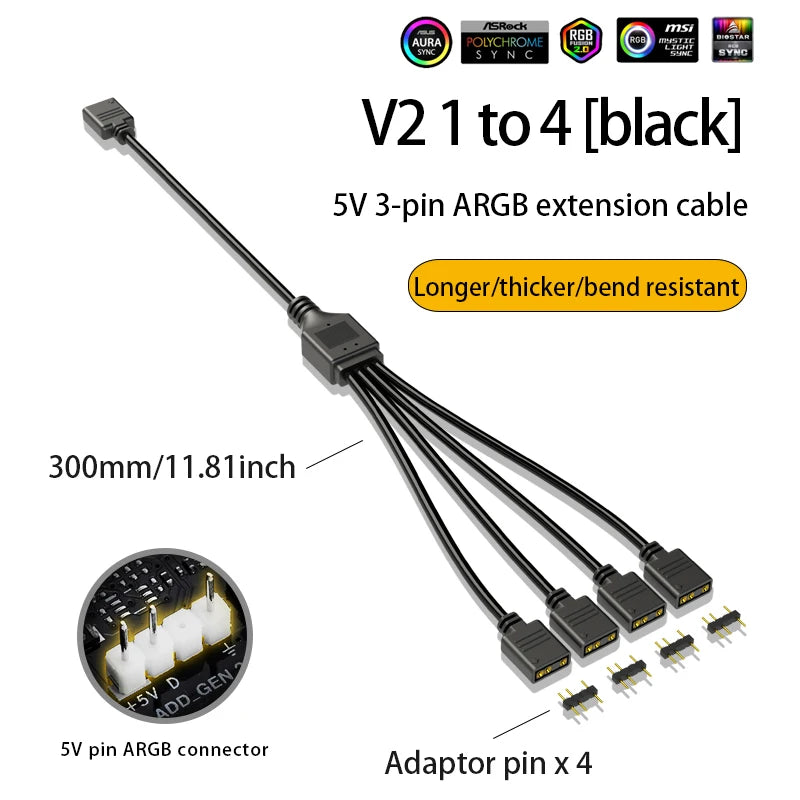 ARGB Chassis Fan Splitter 5V 3PIN Connector 1 To 2/3/4 Motherboard Extension Cable Synchronization 30cm for PC Light Strip Fans