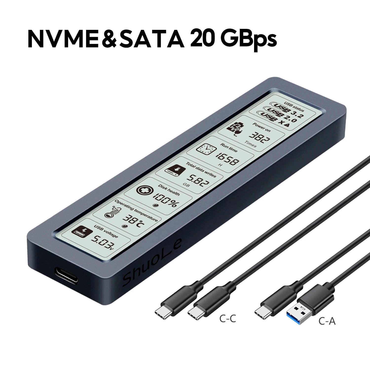 M.2 NVMe SATA SSD Enclosure Visual Smart SSD Case USB 3.2 Gen 2 10Gbps NVMe PCI-E 20Gpbs