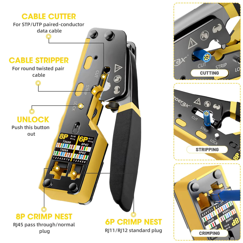 RJ45 Crimp Tool Pass Through Ethernet Crimping Tool for Cat6 Cat5 Cat5e RJ45 Connectors Wire Stripper Cable Crimping Pliers