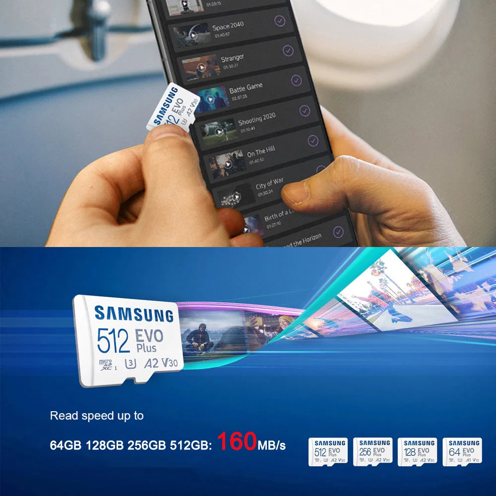 SAMSUNG EVOPlus 64GB U1 V10 A1/128GB 256GB 512GB U3 V30 A2 MicroSD Memory TF Card microSDXC UHS-I C10 Read Speed up to 160MB/s