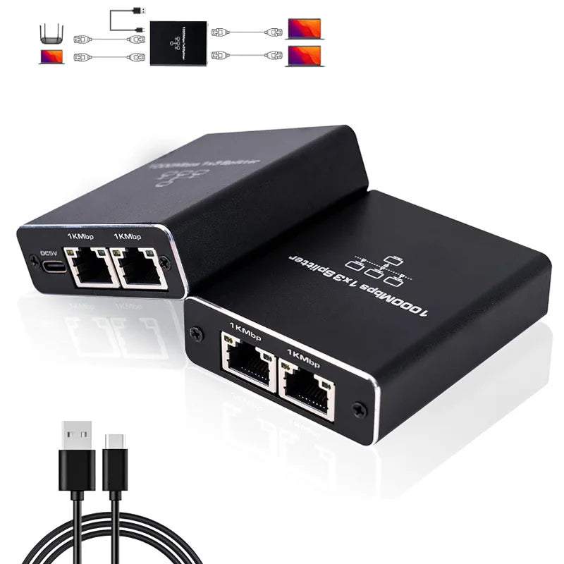 Network Splitter 1000Mbps Hub 1 to 2 RJ45 Adapter Gigabit Converter Internet Ethernet 8P8C Set-Top Extender Plug Extension