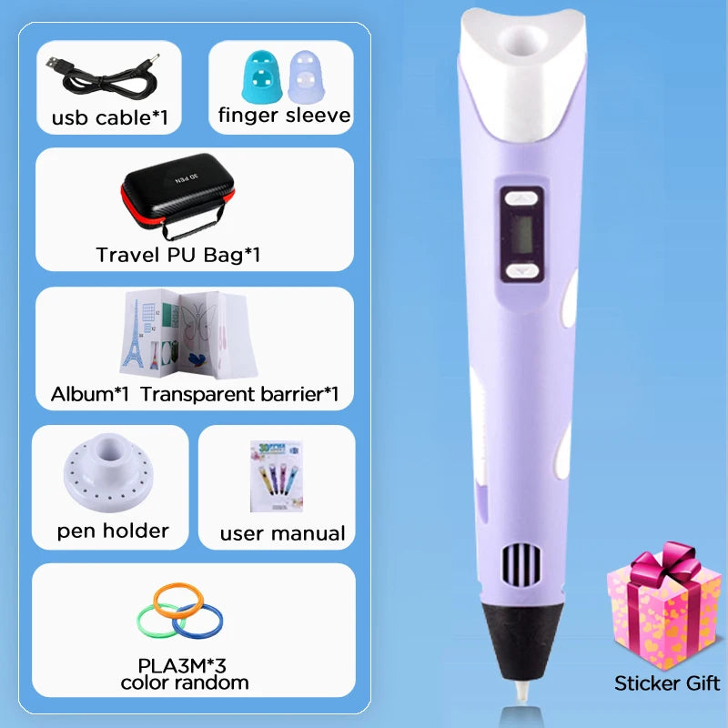 Kids 3D Printing Pen With LCD Screen & Stickers Compatible PLA Filament Safe With 9M PLA Girls Boys Birthday Gift Toys Print Pen