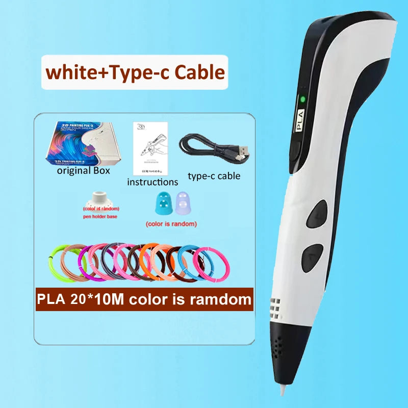 3D Pen DIY Drawing Printing Pen for kids Adult Creatived Toy 20 Colors 5M PLA Filaments +USB Type-C Rechargeable