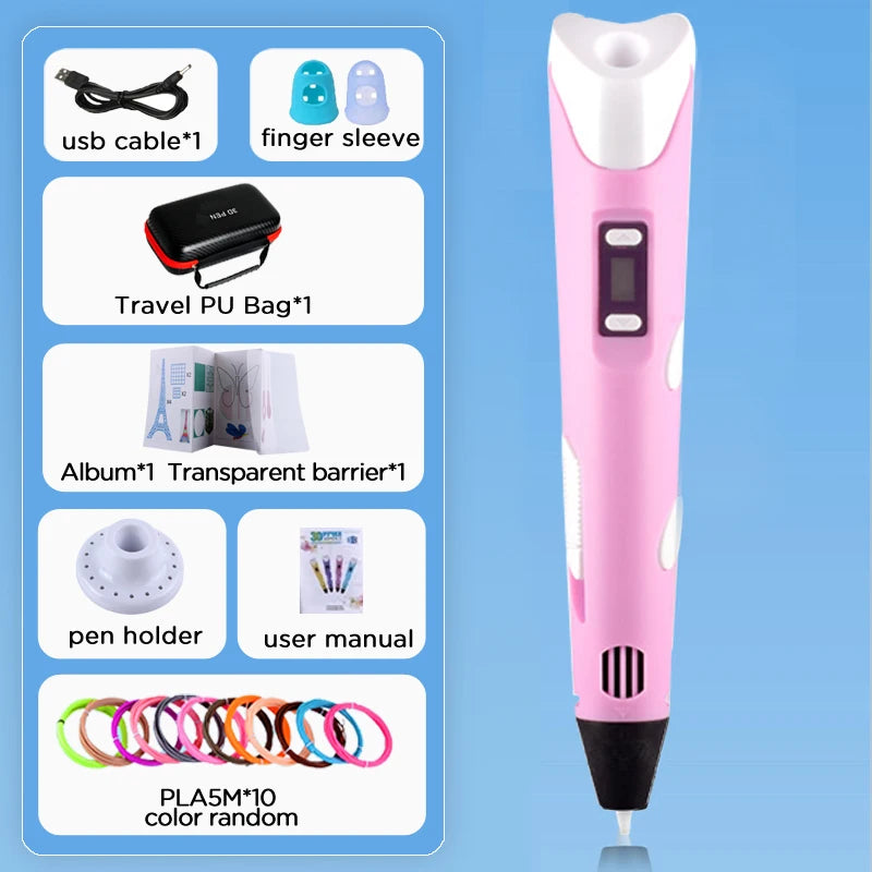 3D Pen Drawing Printing Pen With LCD Screen Compatible PLA Filament Toys Safe Paiting for Children DIY Christmas Birthday Gift